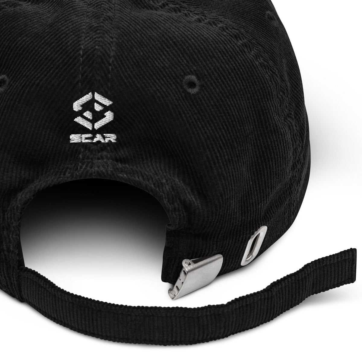 Black corduroy baseball cap with SCAR logo and metal buckle strap detail.