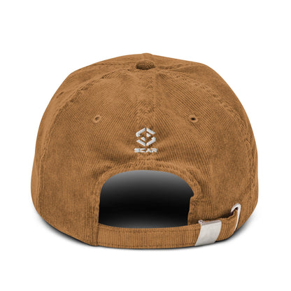 Camel corduroy baseball cap, side view with Texas map embroidery and logo patch