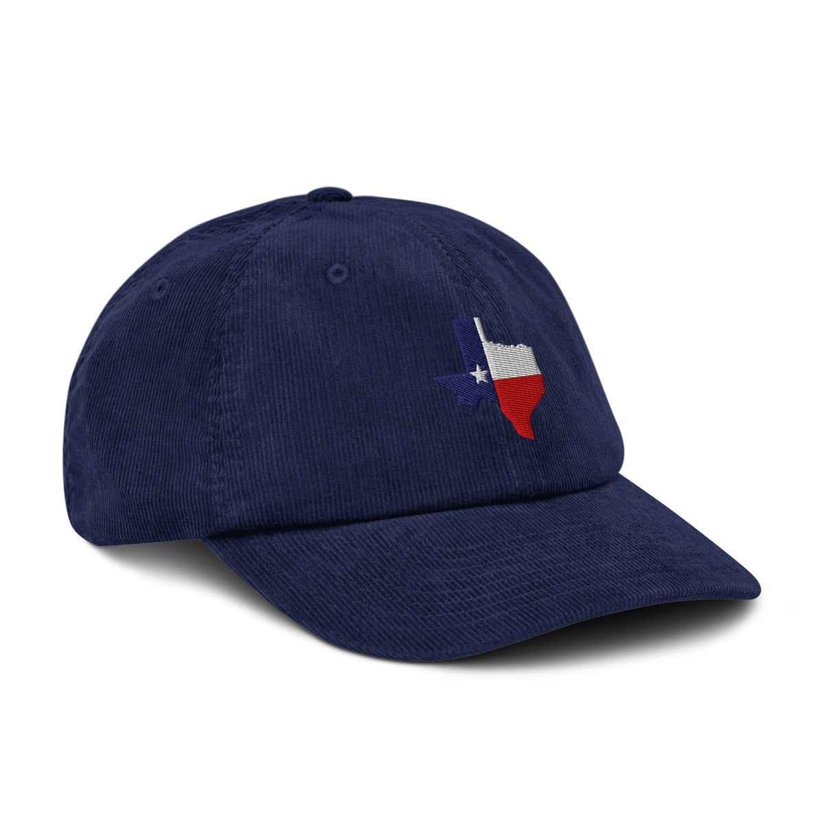 Navy corduroy baseball cap with embroidered Texas map and star on side