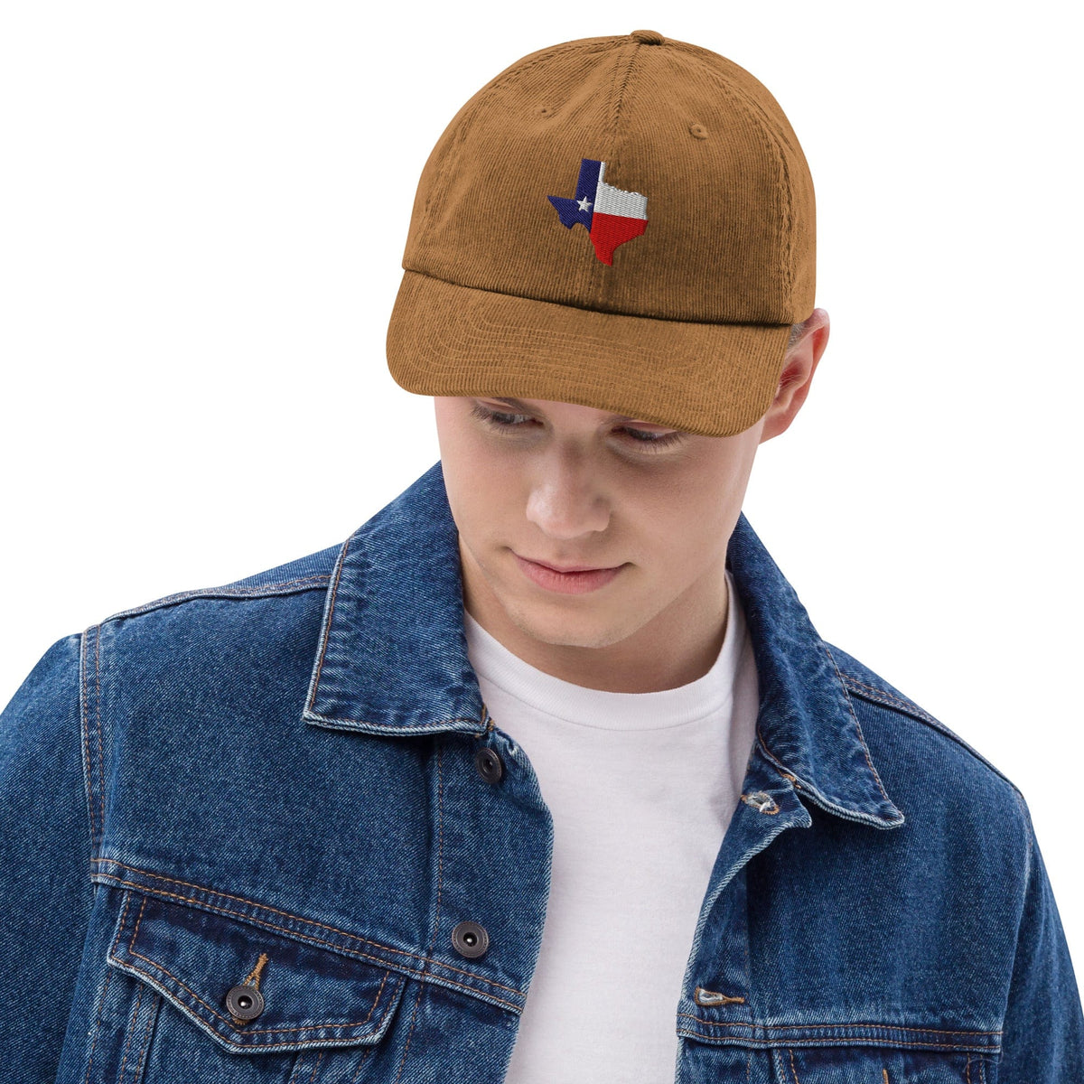 Tan corduroy baseball cap with embroidered Texas map patch on front.