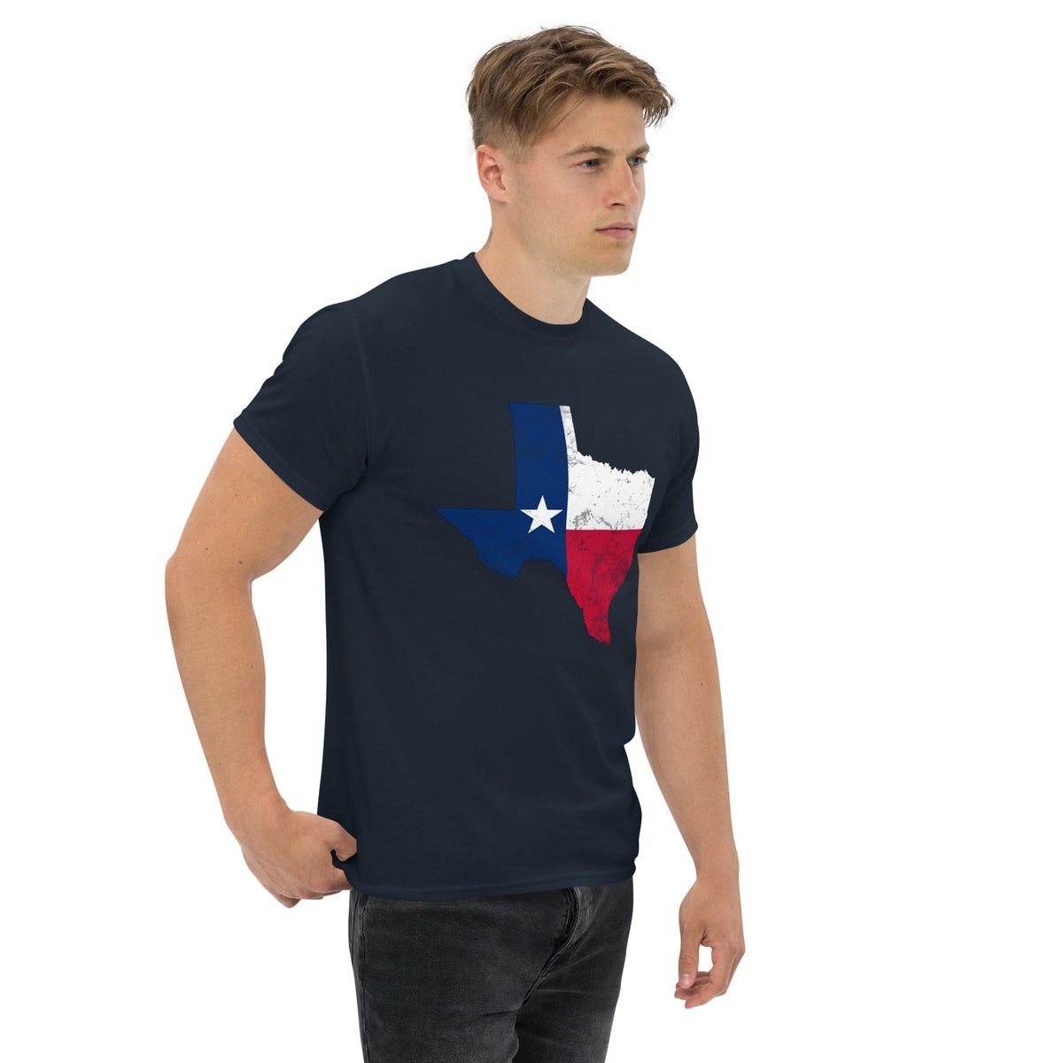 Navy T-shirt with Texas flag graphic on the chest