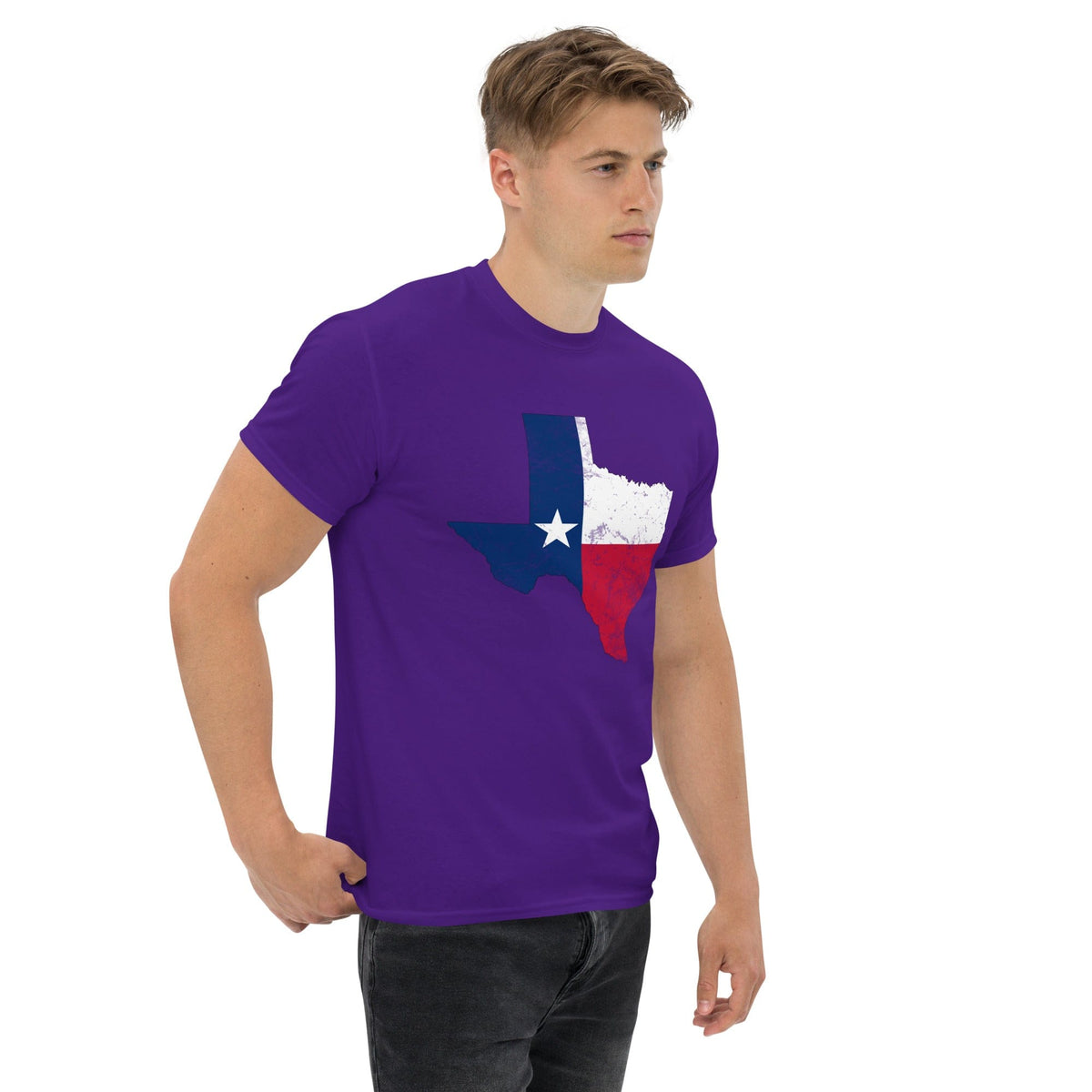 Purple T-shirt with Texas flag graphic on the chest