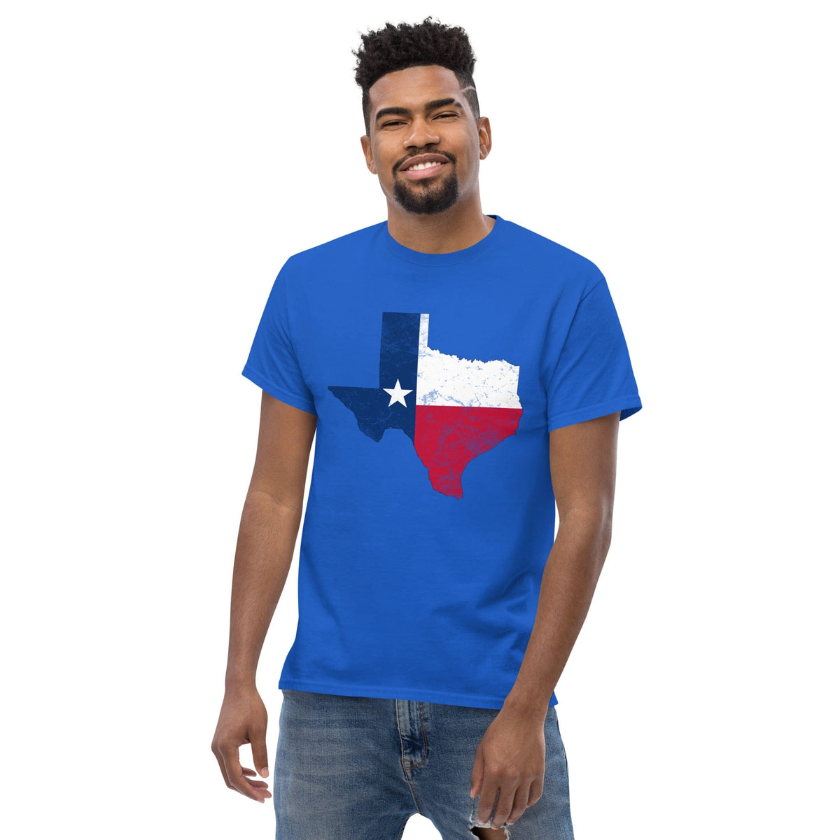 Royal blue T-shirt with Texas flag graphic on the chest
