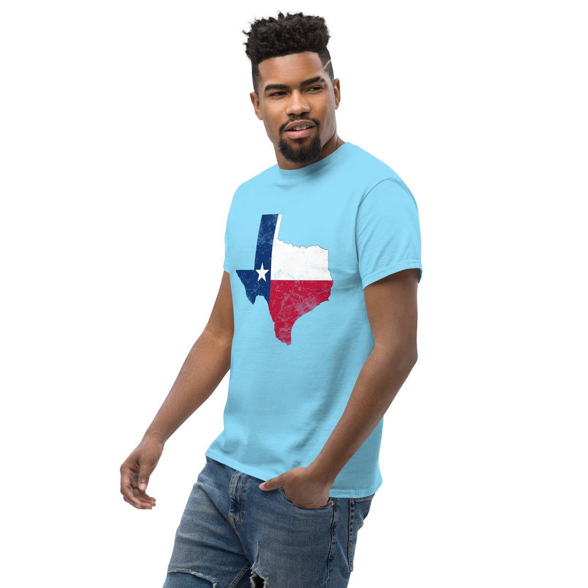 Sky blue T-shirt with Texas flag graphic on the chest
