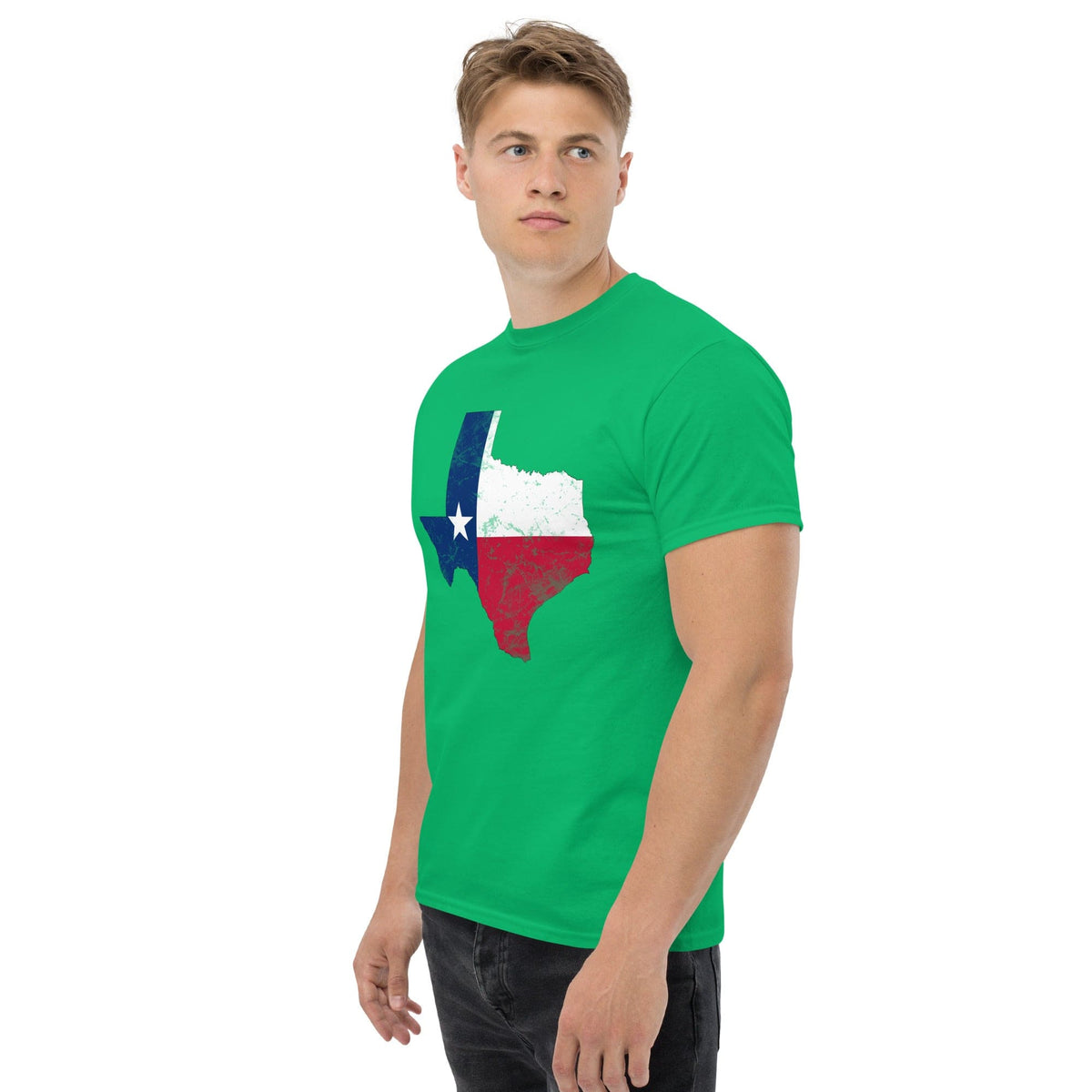 Irish green T-shirt with Texas flag graphic on the chest