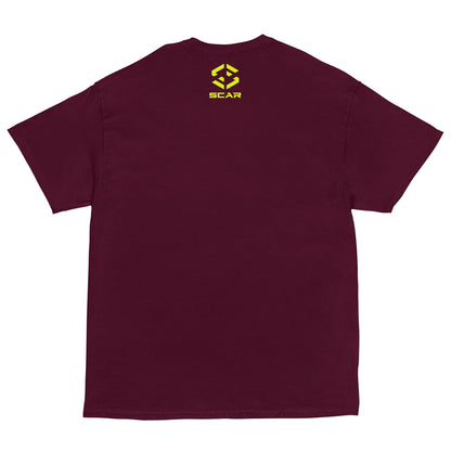 Maroon T-shirt with small yellow SCAR logo on the chest.