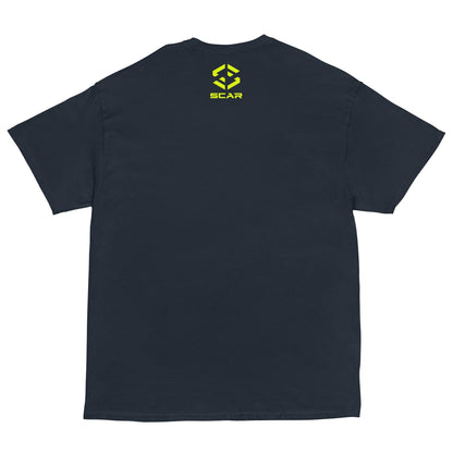 Navy T-shirt with small yellow SCAR logo on the chest.