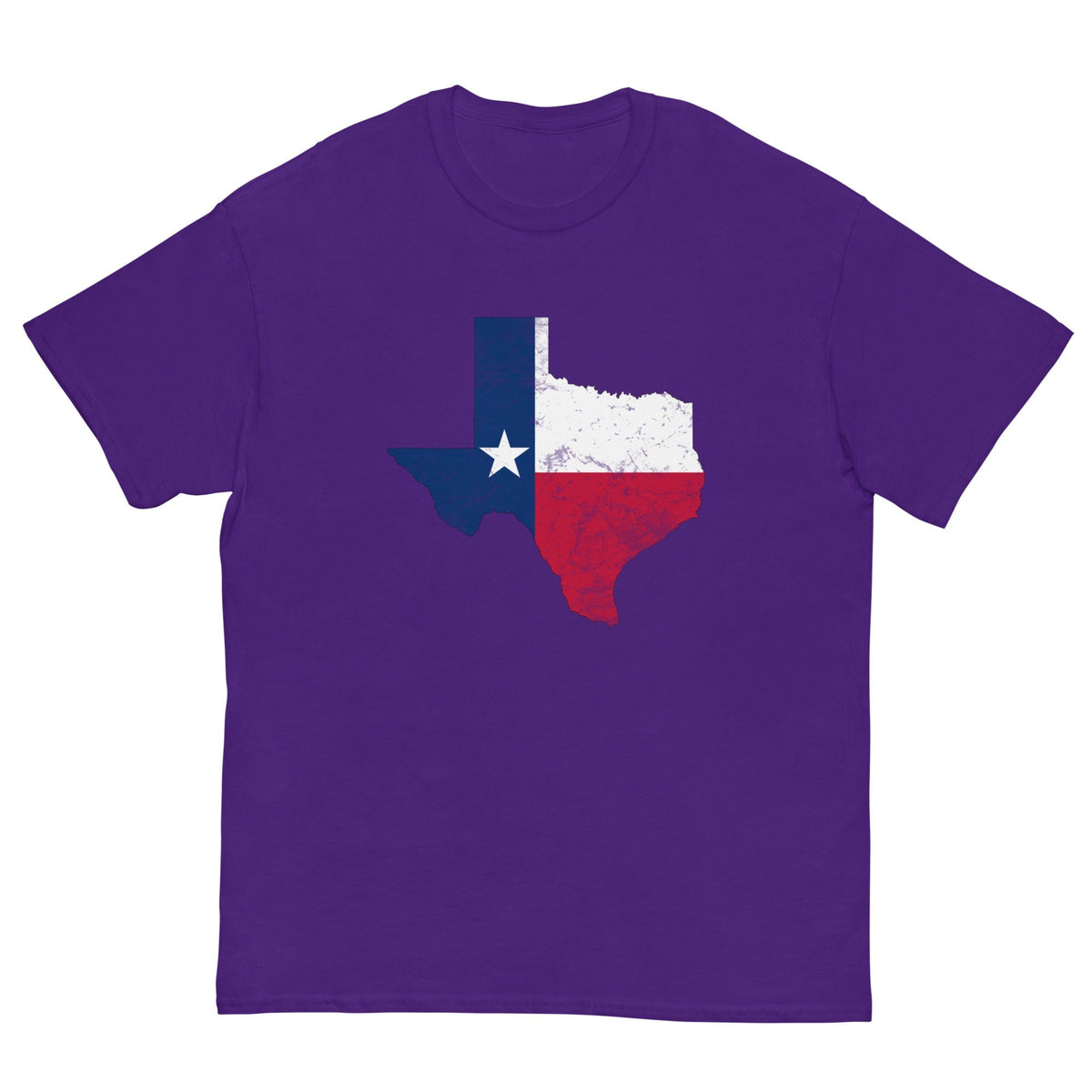 Purple T-shirt with Texas state flag graphic on the chest.