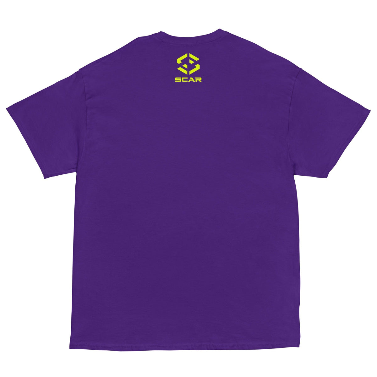 Purple T-shirt with small yellow SCAR logo on the chest.