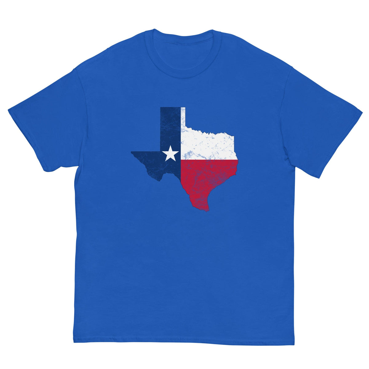 Royal blue T-shirt with Texas state flag graphic on the chest.