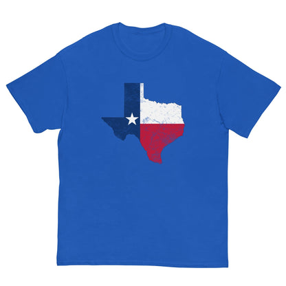 Royal blue T-shirt with Texas state flag graphic on the chest.