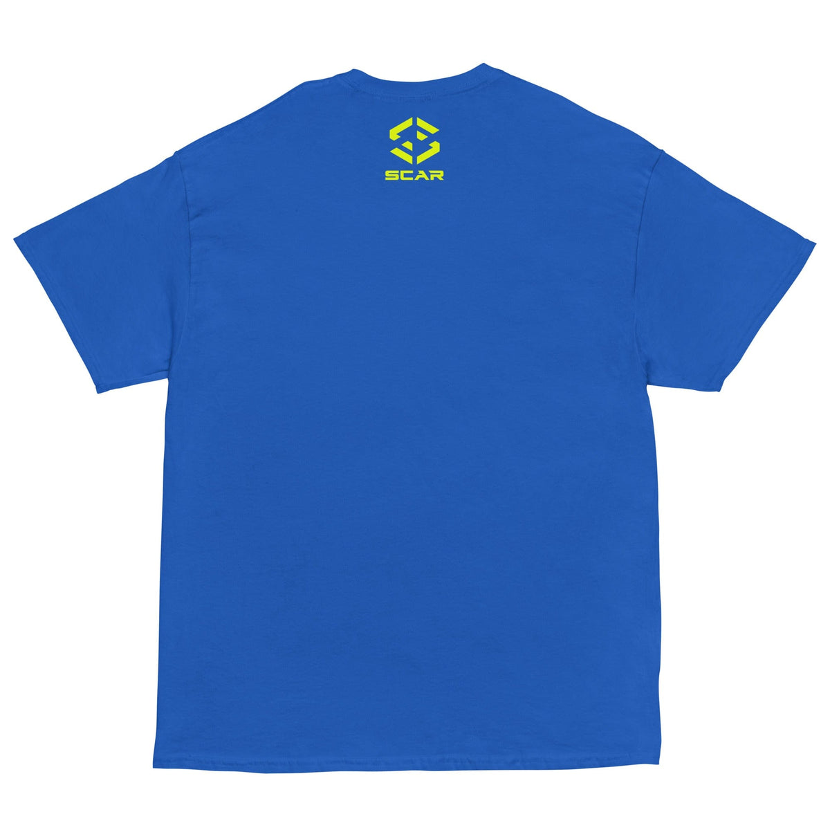 Royal blue T-shirt with small yellow SCAR logo on the chest.