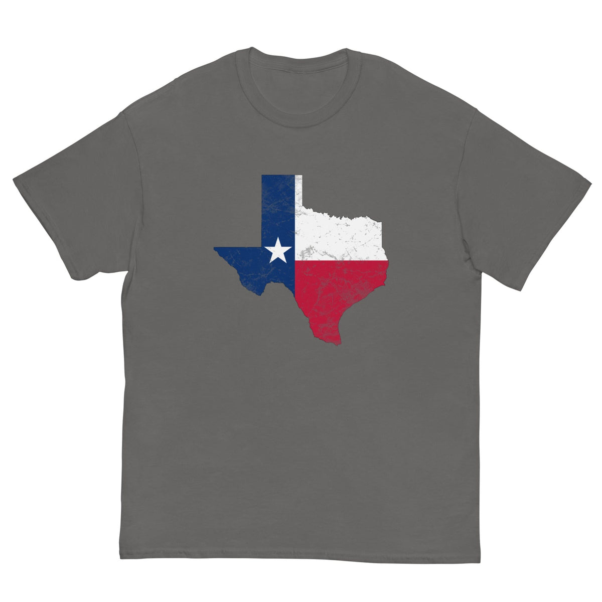 Charcoal gray T-shirt with Texas state flag graphic on the chest.