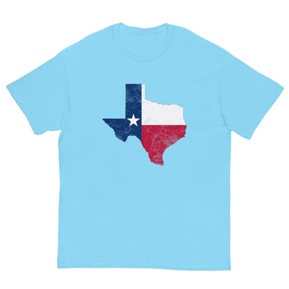 Light blue Texas flag graphic T-shirt with crew neck and short sleeves