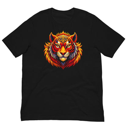 Black crew-neck T-shirt with fiery tiger head graphic on the chest