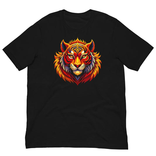 Black crew-neck T-shirt with fiery tiger head graphic on the chest