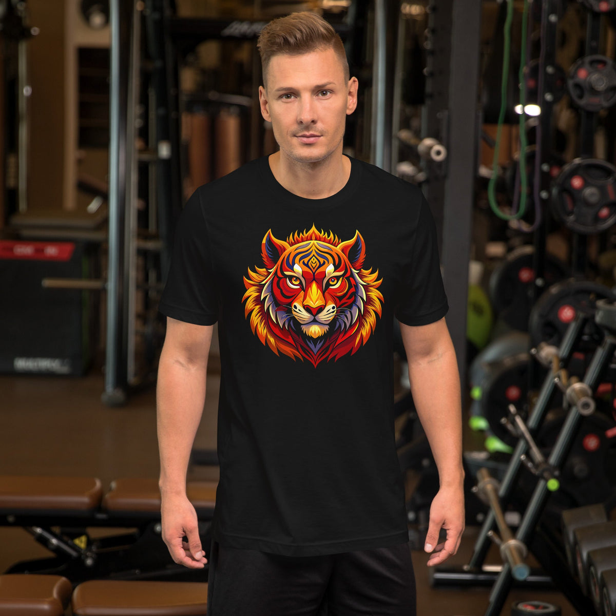 Black crew-neck T-shirt with colorful tiger head graphic centered on chest