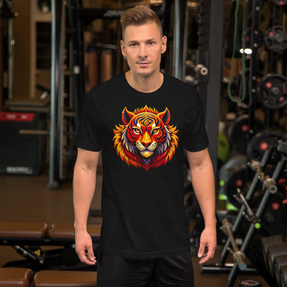Black crew-neck T-shirt with colorful tiger head graphic centered on chest