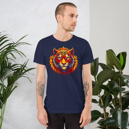 Navy crew-neck T-shirt with fiery tiger head graphic on the chest