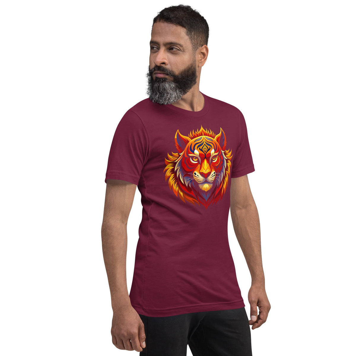 Maroon crew-neck T-shirt with colorful tiger head graphic on the chest