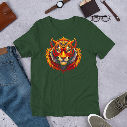Forest green crew-neck T-shirt with fiery tiger head graphic on the chest