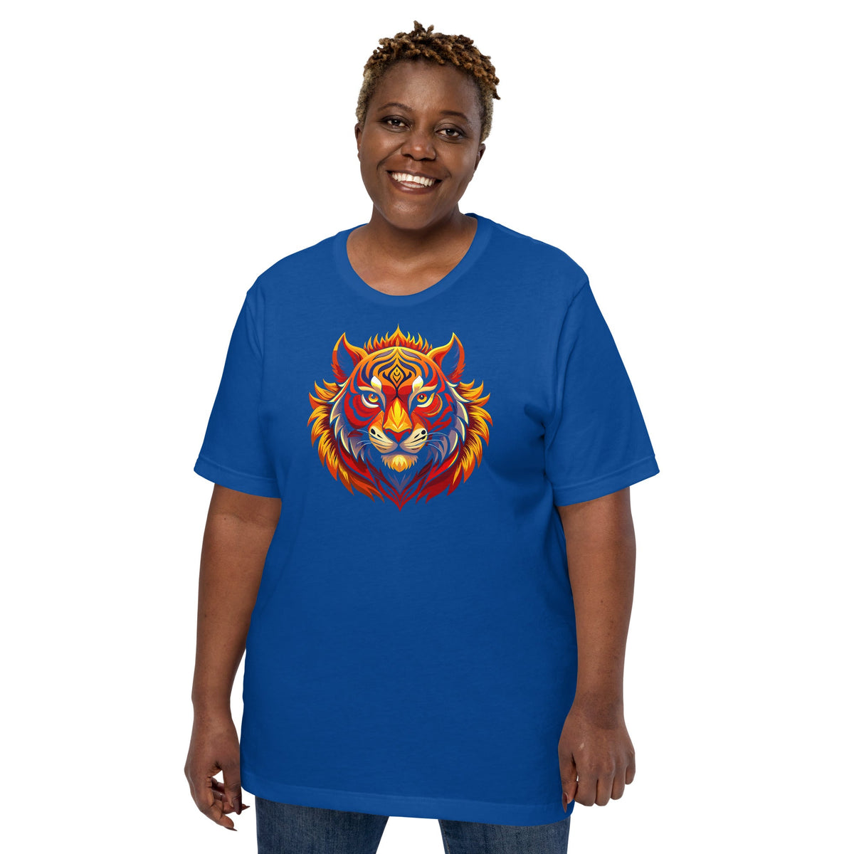 Royal blue crew-neck T-shirt with colorful tiger head graphic on the chest