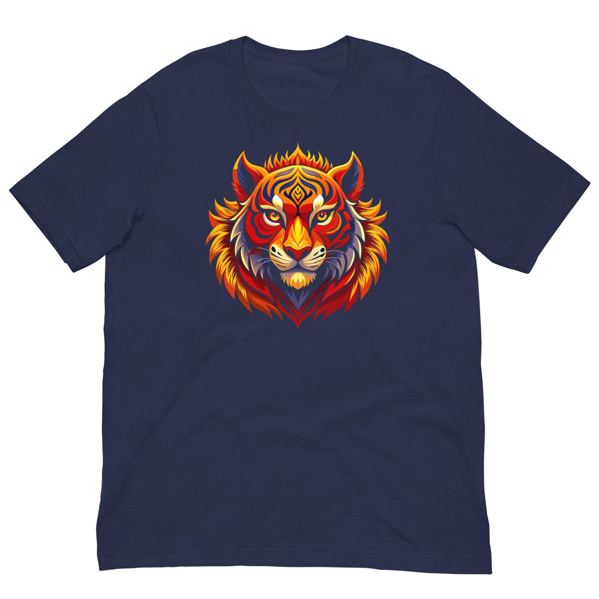 Navy crew-neck T-shirt with fiery tiger head graphic on the chest