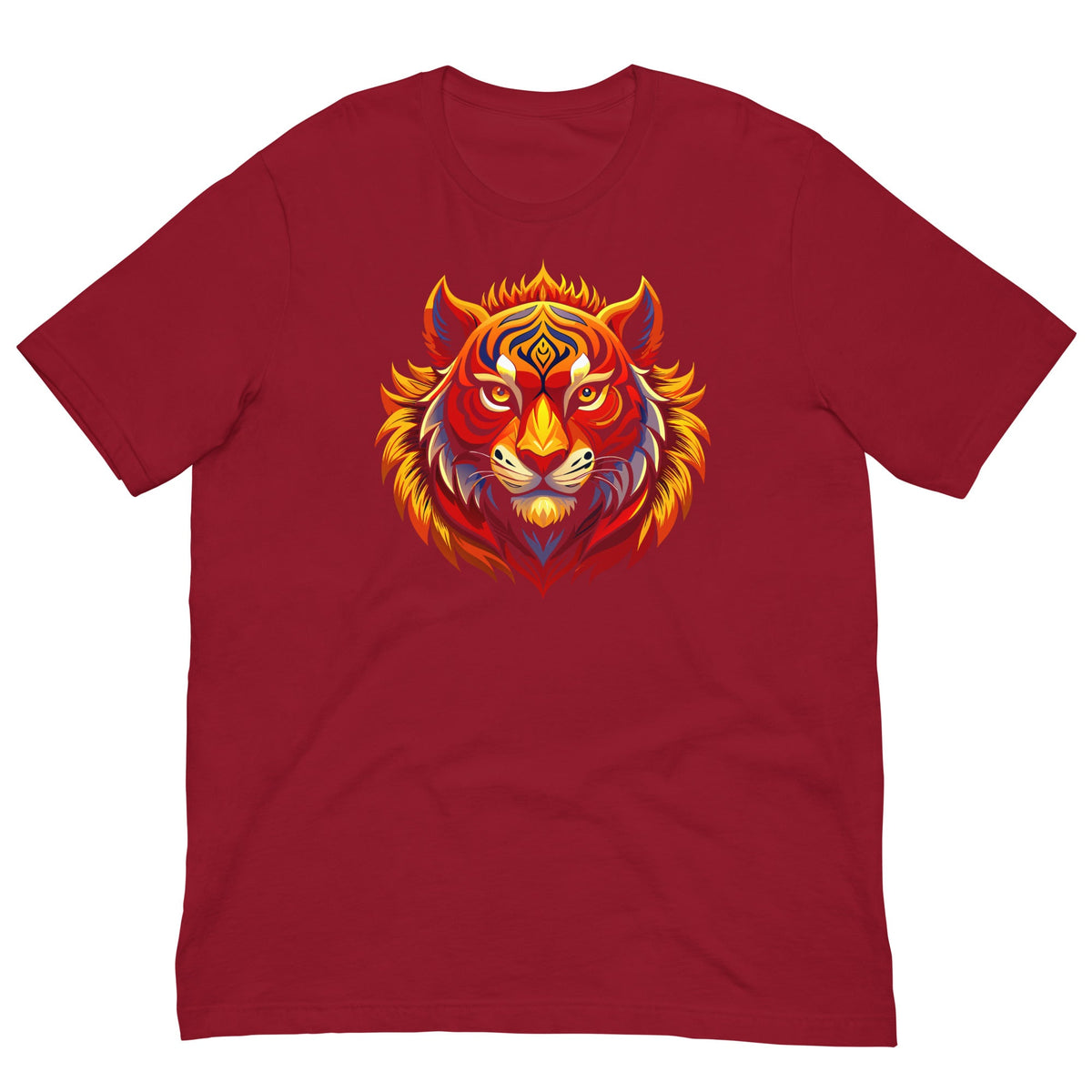 Cardinal red crew-neck T-shirt with fiery tiger head graphic on the chest