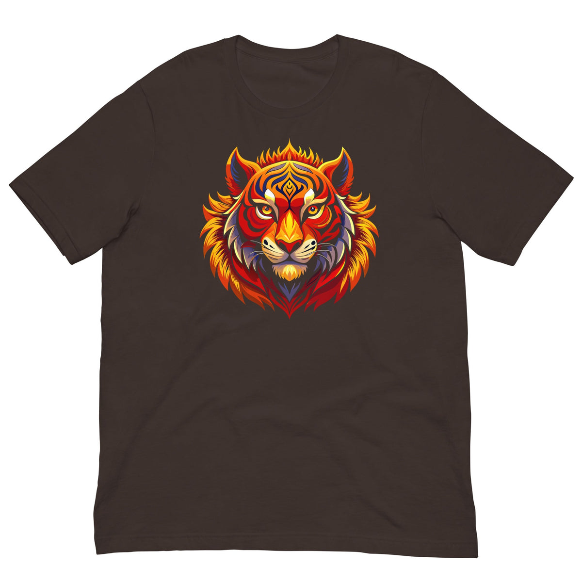 Dark brown crew-neck T-shirt with fiery tiger head graphic on the chest