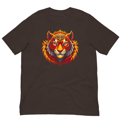 Dark brown crew-neck T-shirt with fiery tiger head graphic on the chest