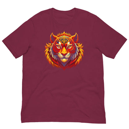 Maroon T-shirt with colorful tiger face graphic on chest