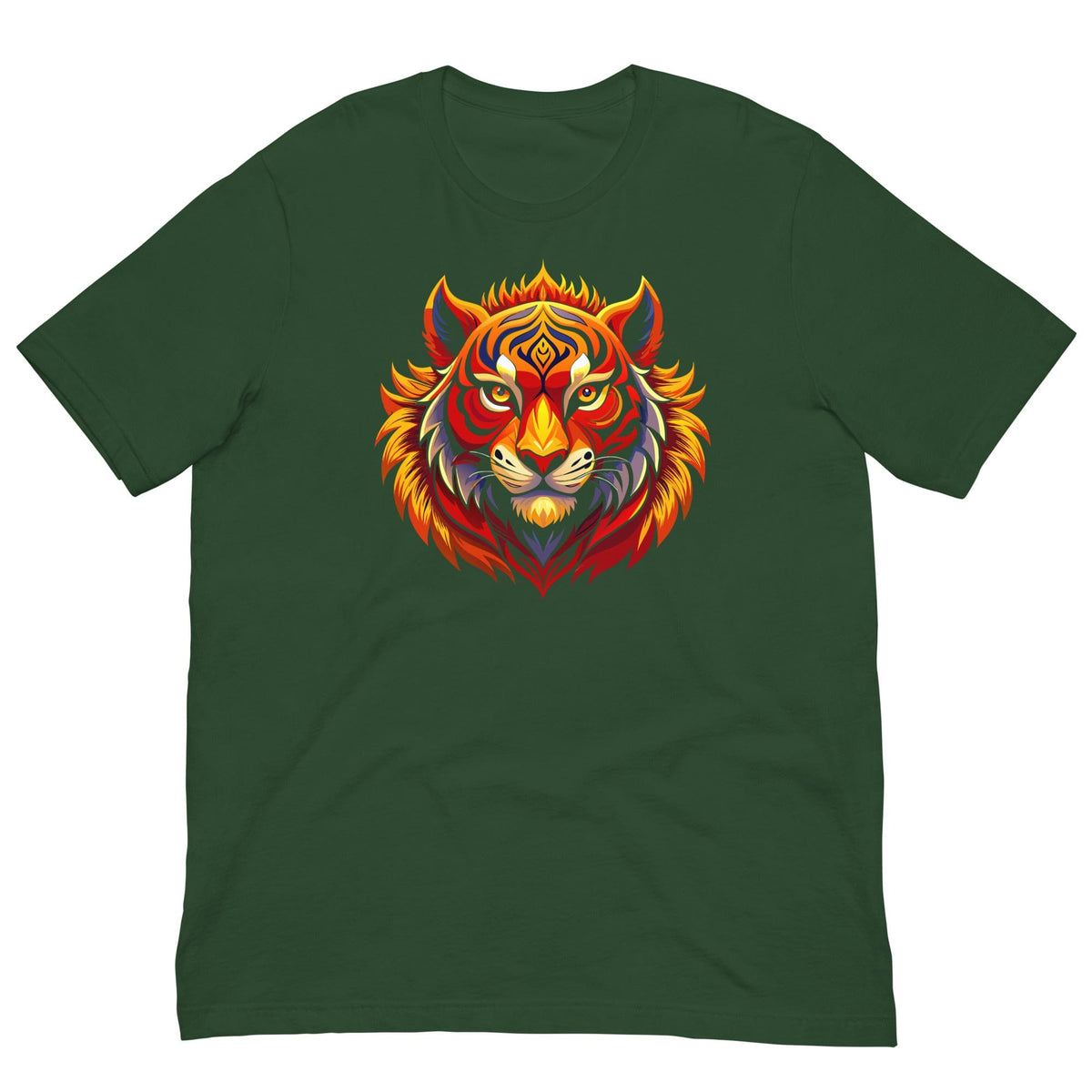 Forest green T-shirt with colorful tiger face graphic on chest