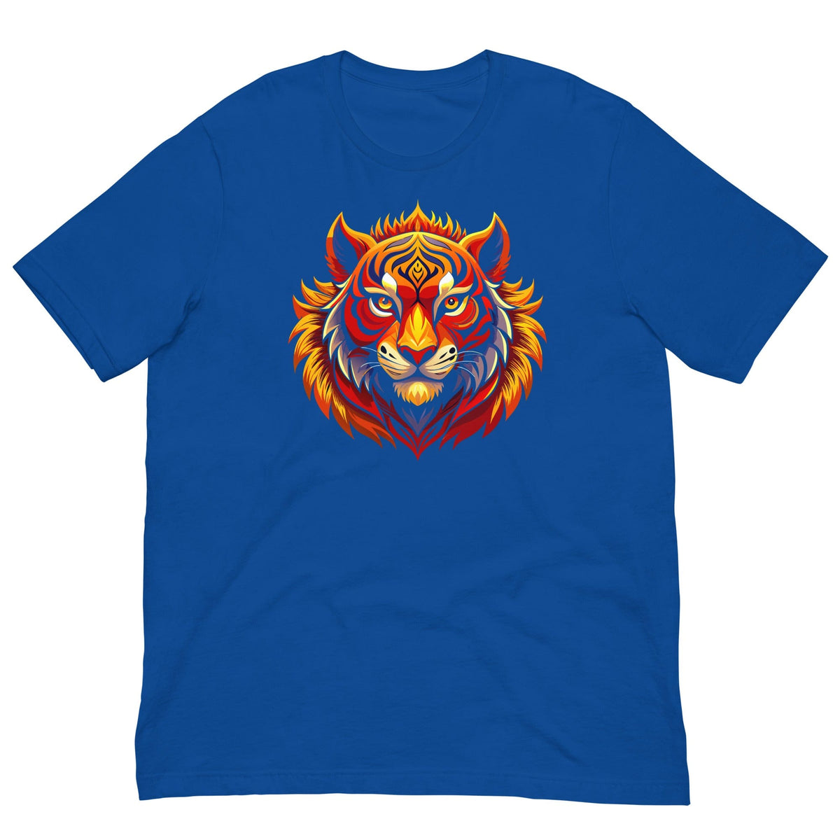 True royal blue T-shirt with colorful tiger face graphic on chest