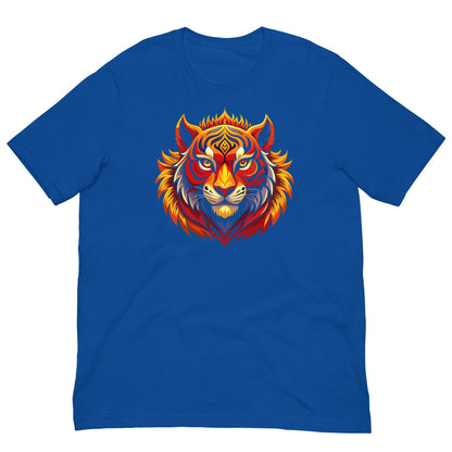True royal blue T-shirt with colorful tiger face graphic on chest