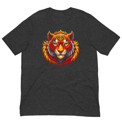 Dark heather gray T-shirt with colorful tiger face graphic on chest