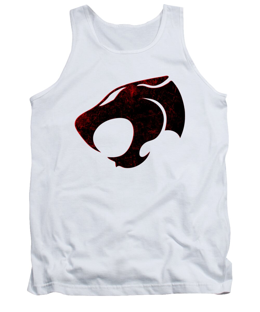 White distressed graphic tank top with centered black and red emblem