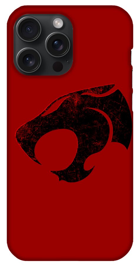 Red phone case with black distressed Thundera claw graphic and triple camera cutouts.
