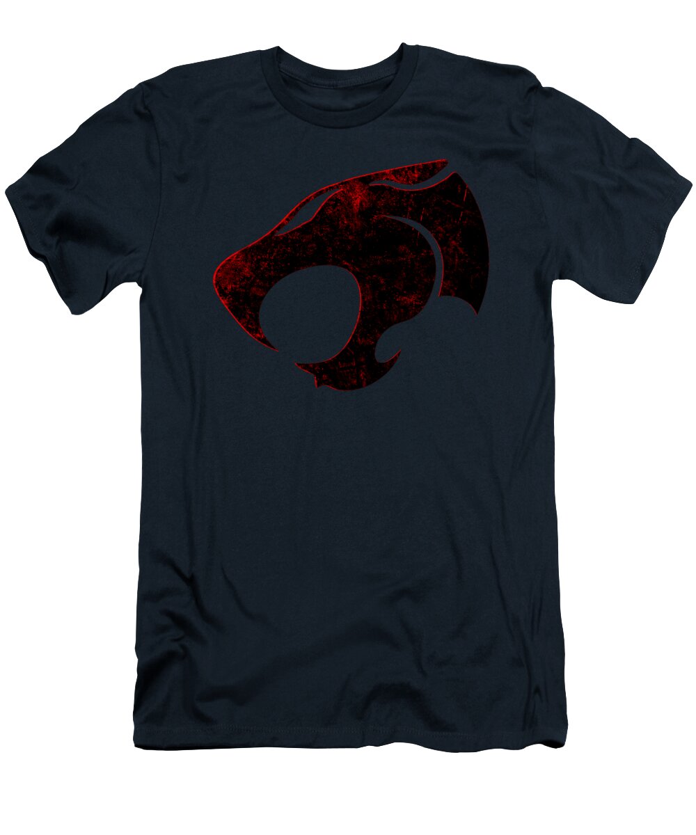 Navy T-shirt with distressed red-and-black chest graphic print.