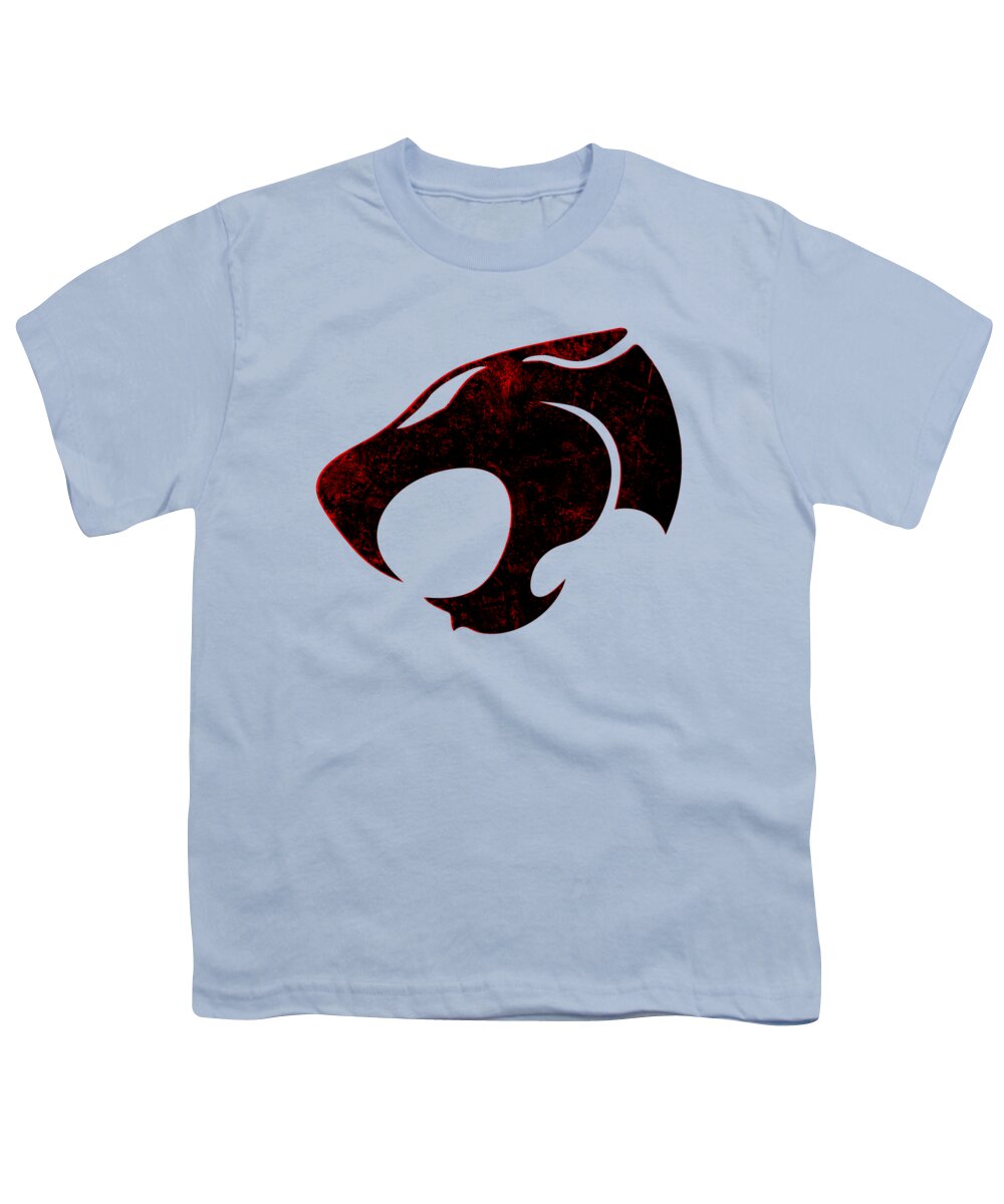 Youth T-shirt, light blue with distressed cat-head graphic on chest.