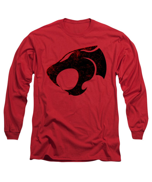 Red long sleeve T-shirt with distressed black and red emblem graphic on chest