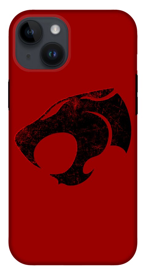 Red phone case with black distressed Thundercats logo and top-left triple camera cutouts