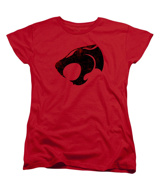 Women's distressed graphic T-shirt, red with dark emblem logo at center