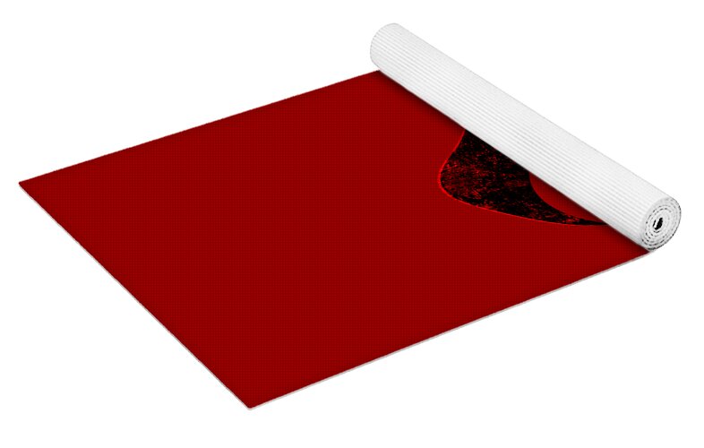 Red yoga mat with rolled top and distressed cat emblem