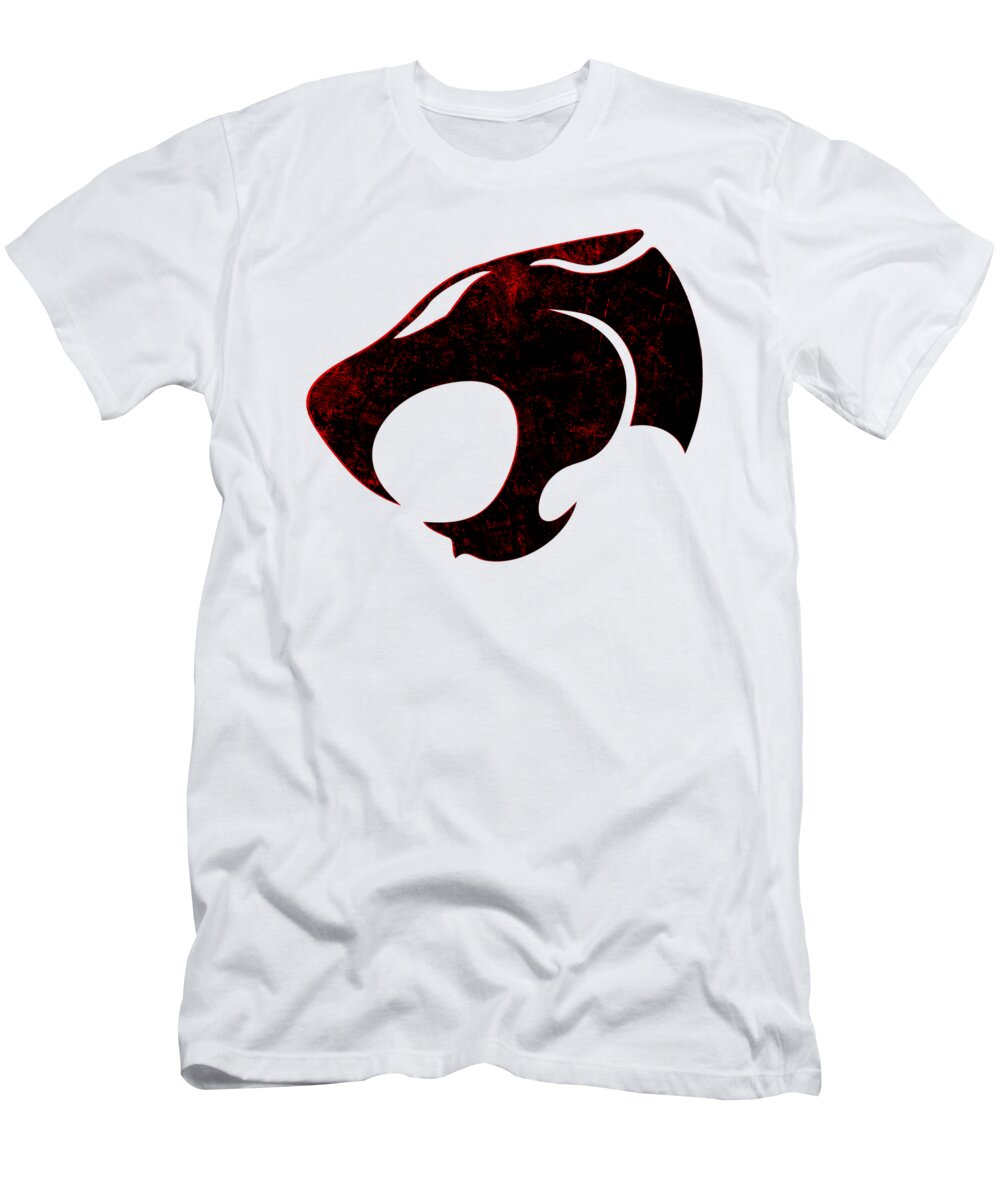 White T-shirt with distressed red-and-black chest graphic print.