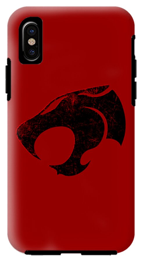 Red phone case with distressed Thundercats logo, vertical single rear camera cutout