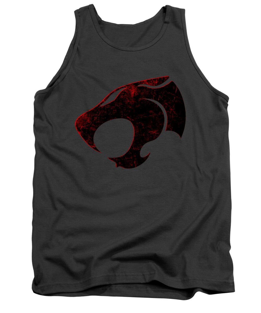 Charcoal distressed graphic tank top with centered black and red emblem