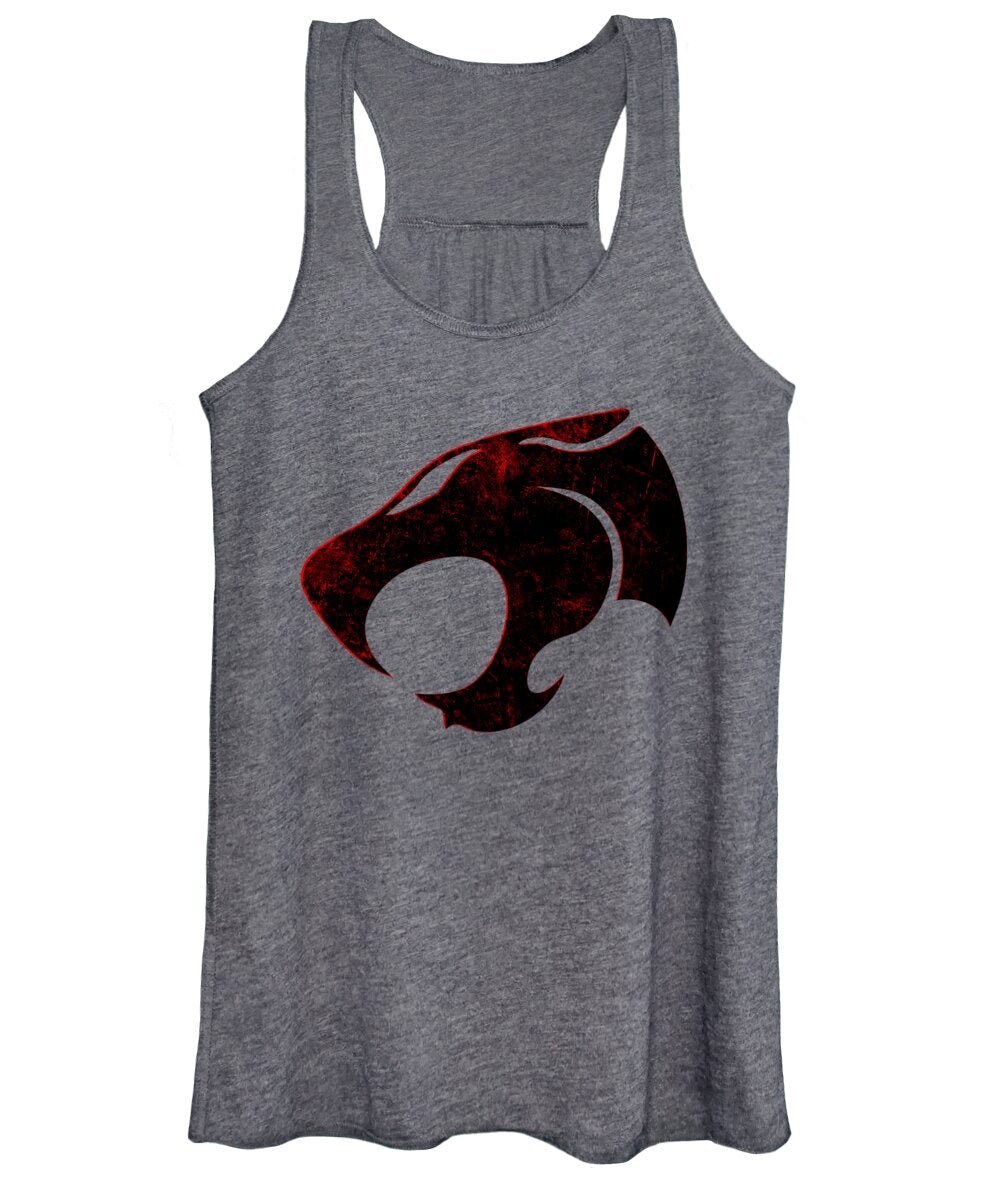 Women's tank top, charcoal gray with distressed cat sign graphic at chest