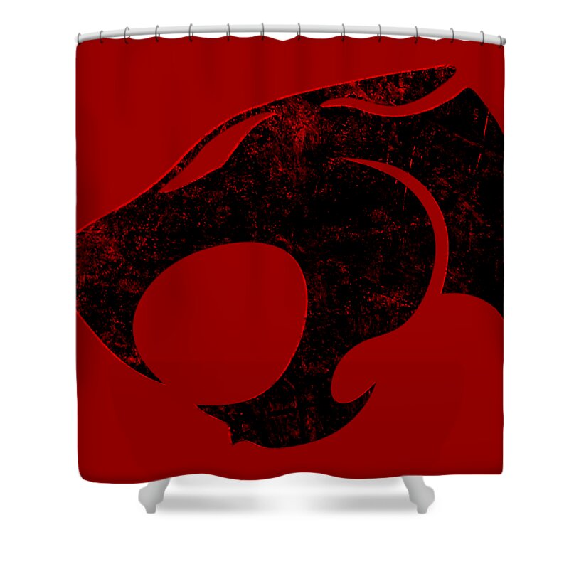 Red shower curtain with dark character face graphic and grommet top