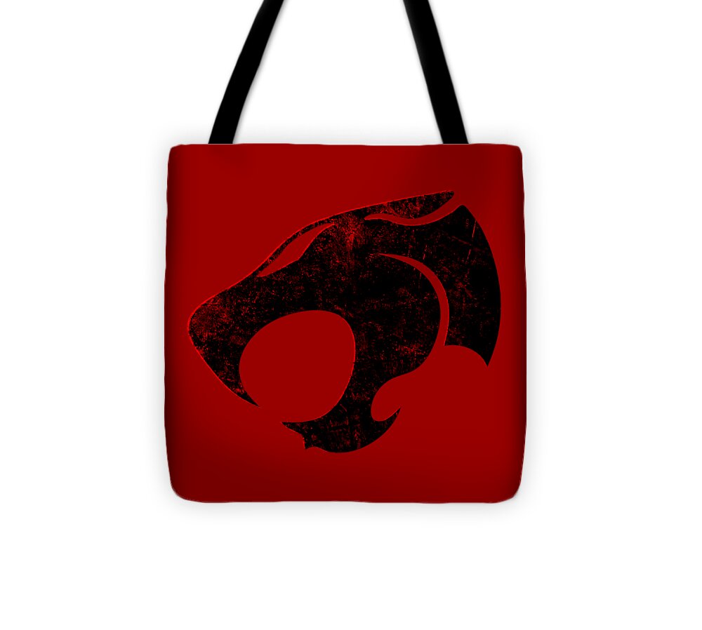 Red tote bag with black distressed Thundercats-style emblem and black shoulder handles