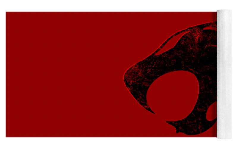 Red yoga mat with distressed cat-face emblem and rolled edge